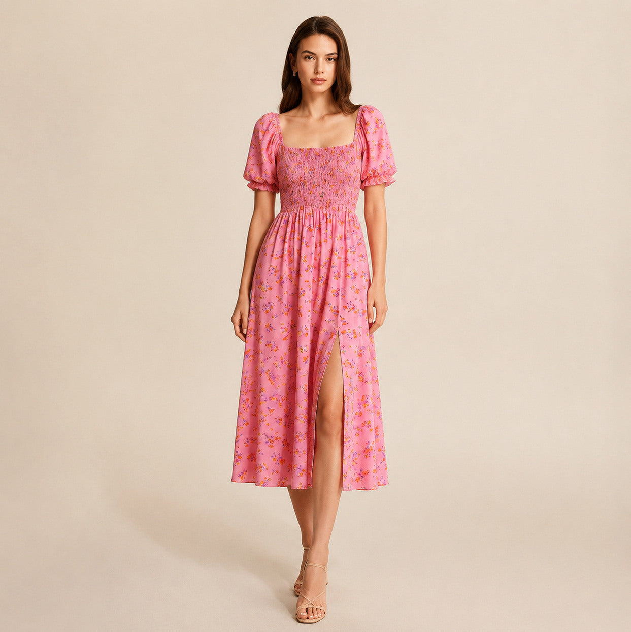 Square Neck Smocked Midi Dress