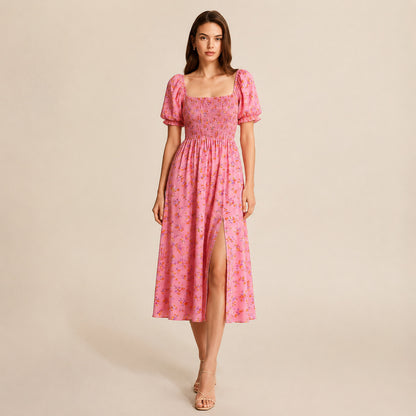 Square Neck Smocked Midi Dress