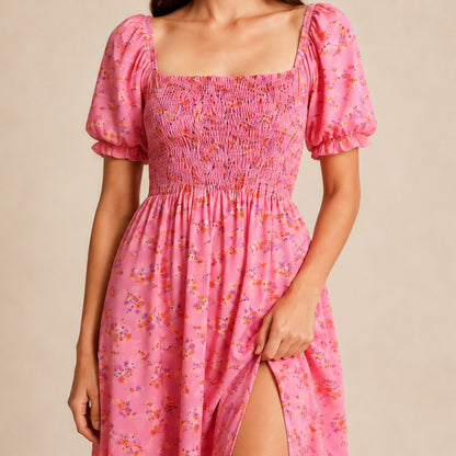 Square Neck Smocked Midi Dress
