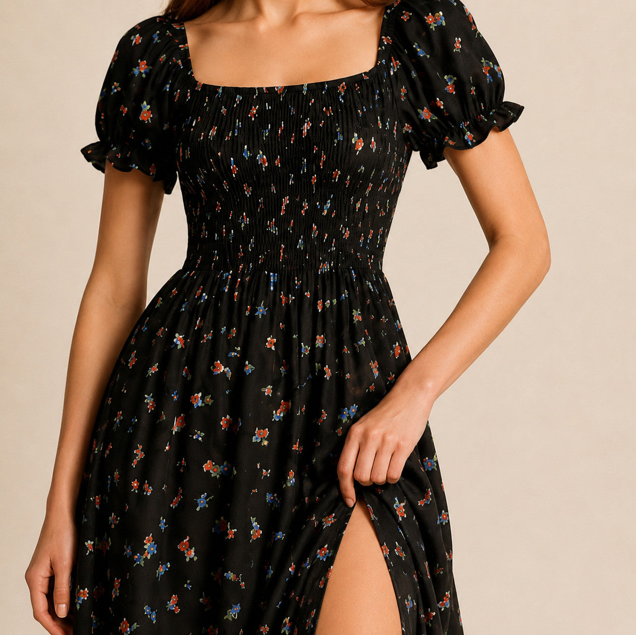 Square Neck Smocked Midi Dress