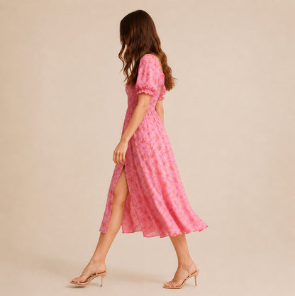 Square Neck Smocked Midi Dress