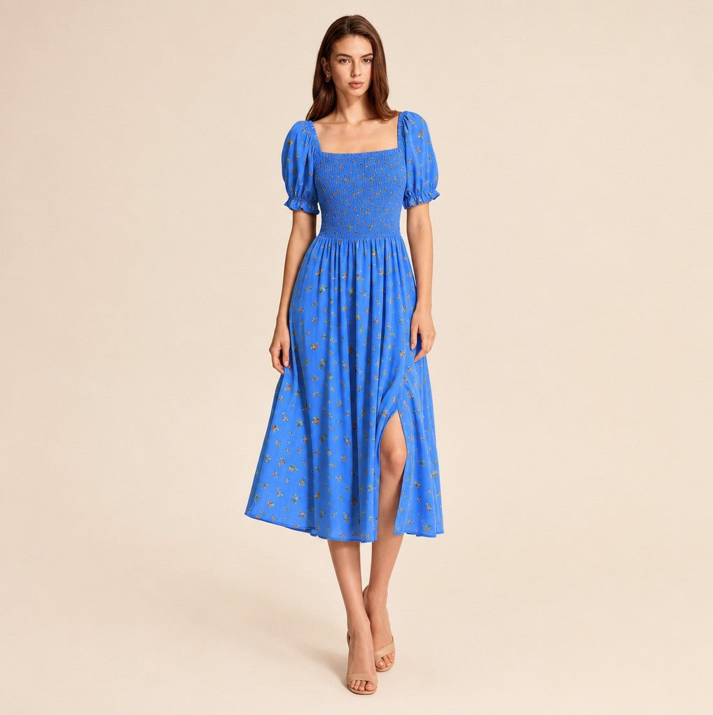 Square Neck Smocked Midi Dress