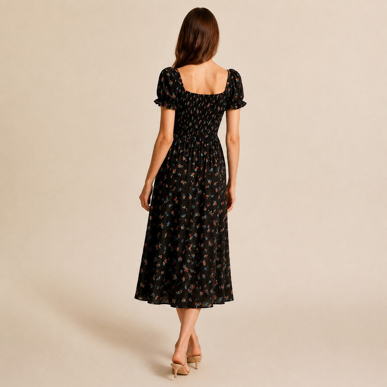 Square Neck Smocked Midi Dress