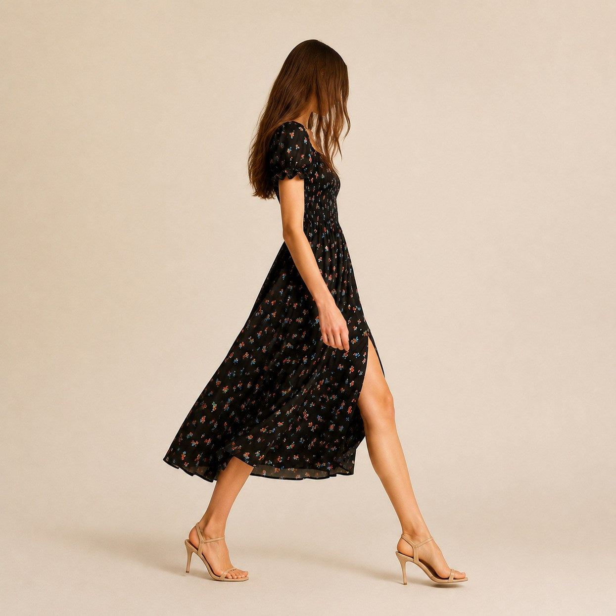 Square Neck Smocked Midi Dress