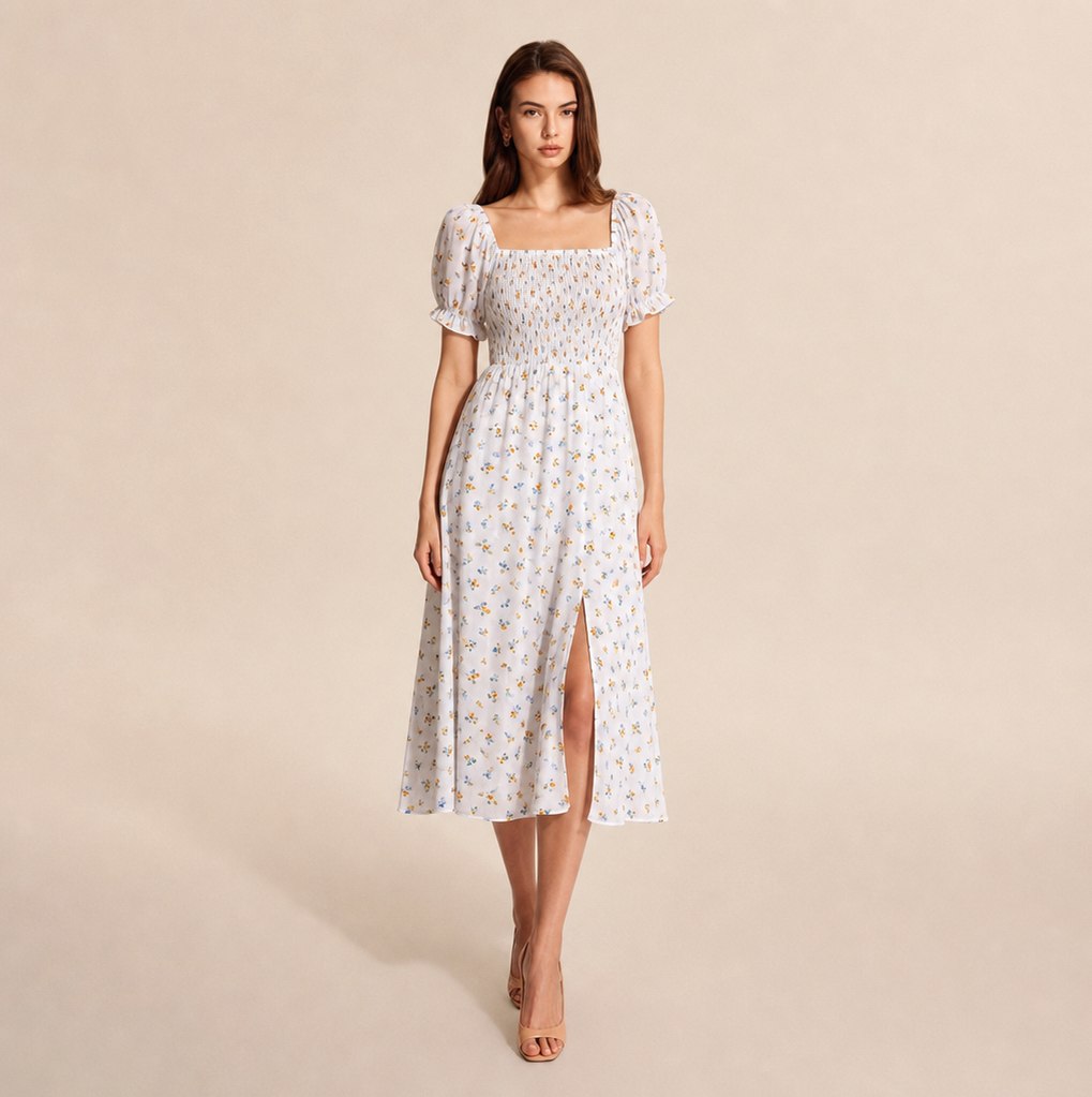 Square Neck Smocked Midi Dress