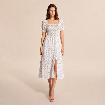 Square Neck Smocked Midi Dress