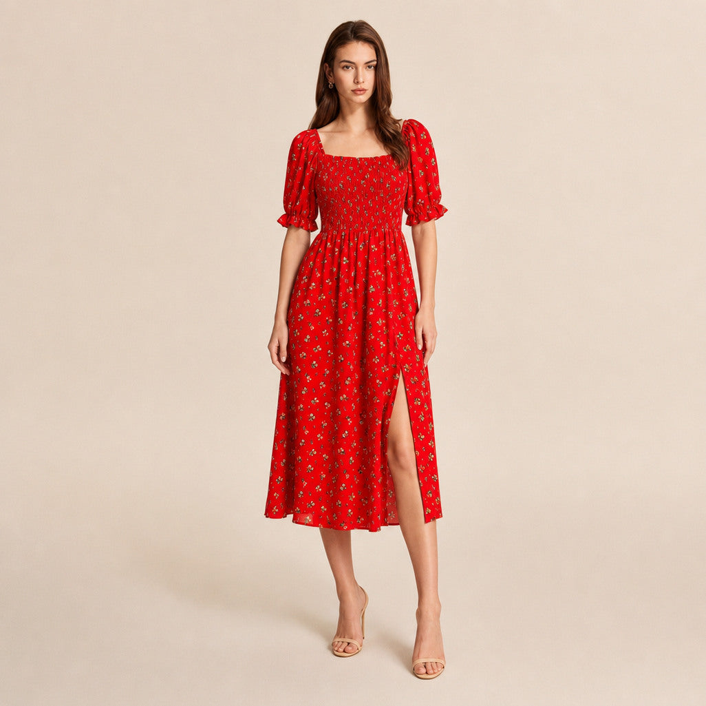 Square Neck Smocked Midi Dress
