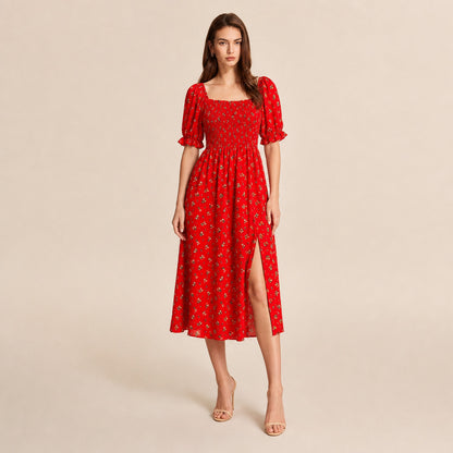 Square Neck Smocked Midi Dress