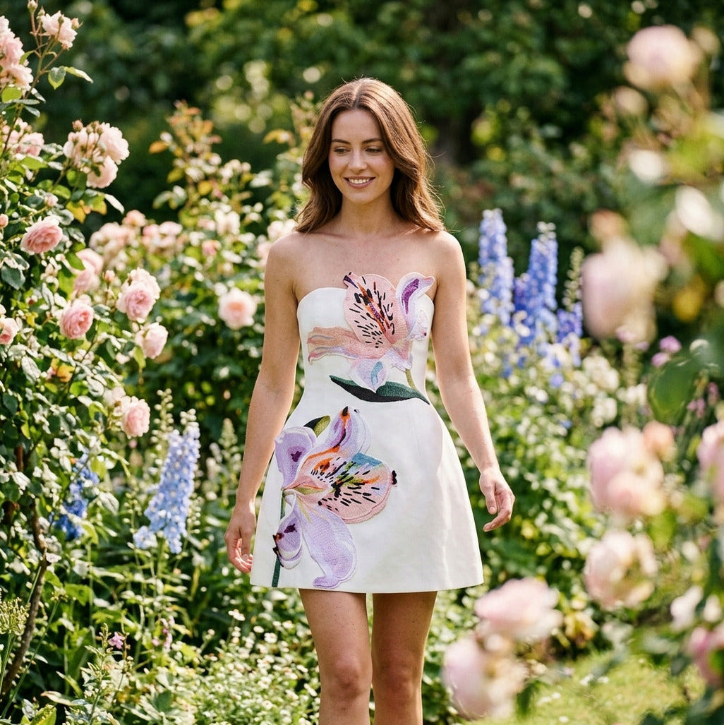 Strapless 3D Floral Applique Mini Dress