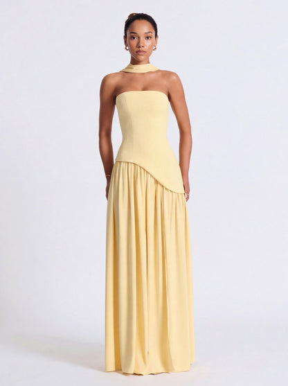 Strapless Drop Waist Pleated Maxi Dress