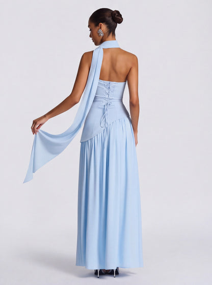 Strapless Drop Waist Pleated Maxi Dress