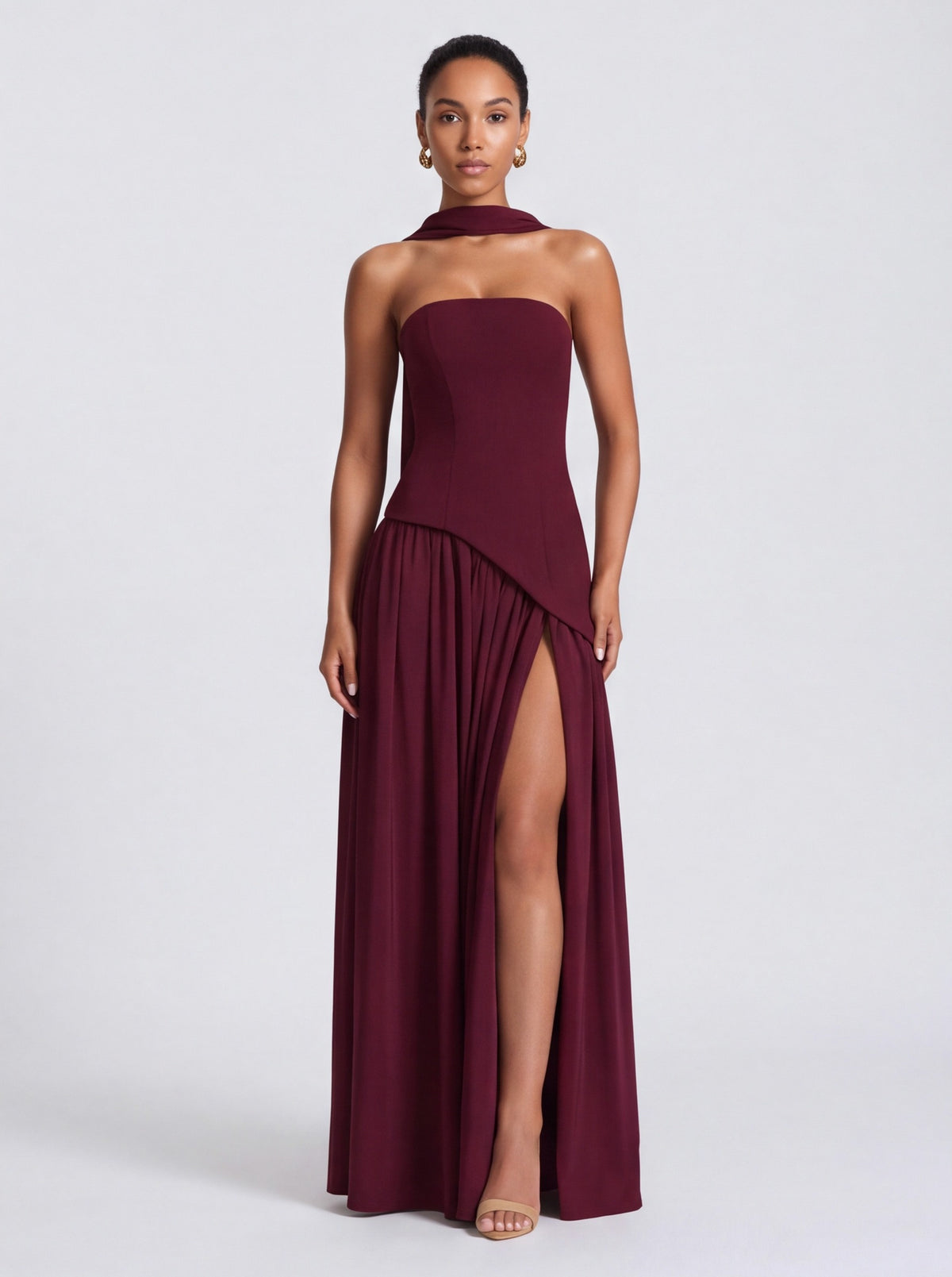 Strapless Drop Waist Pleated Maxi Dress