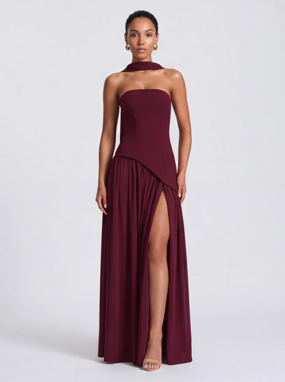 Strapless Drop Waist Pleated Maxi Dress