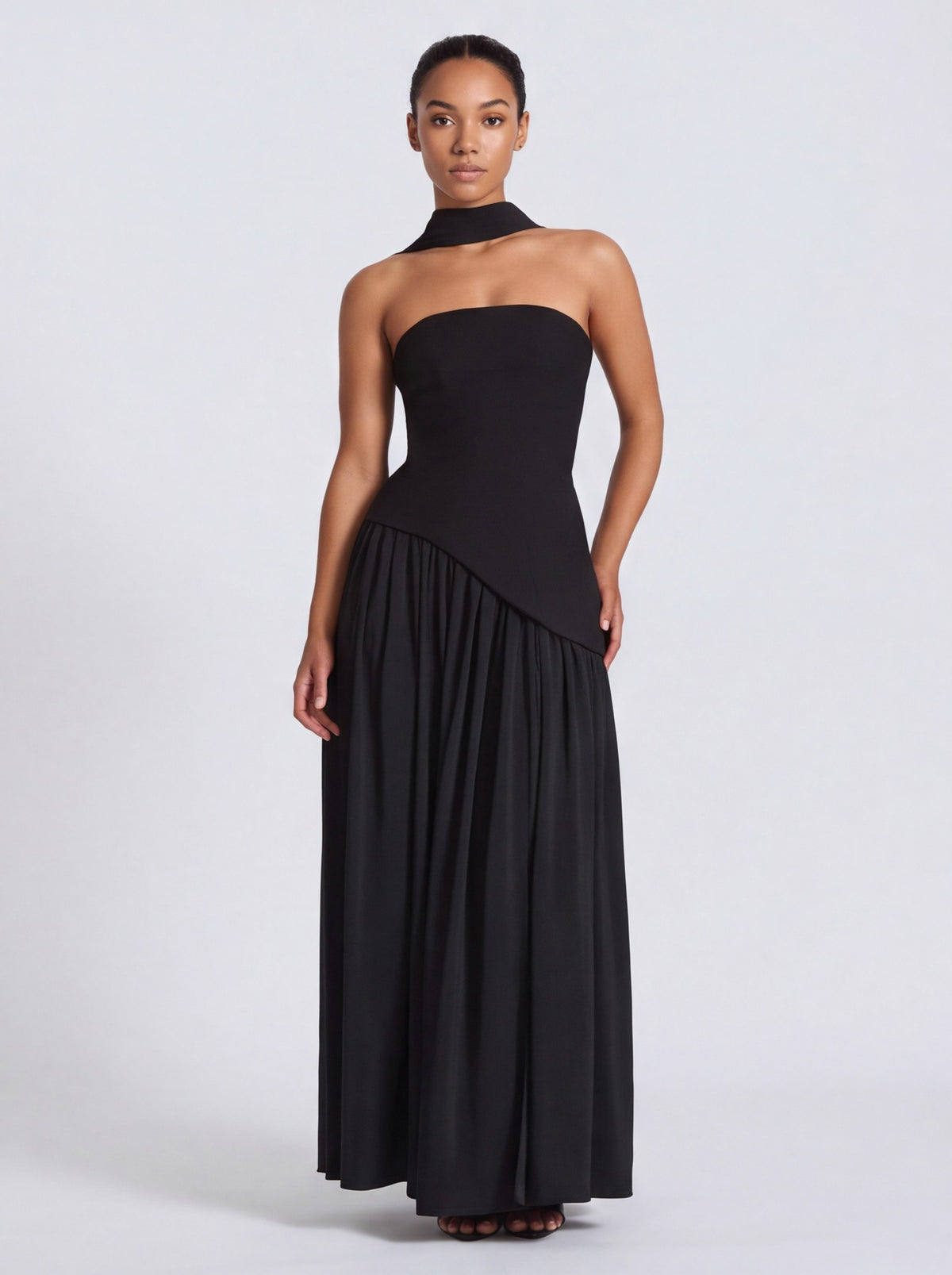 Strapless Drop Waist Pleated Maxi Dress