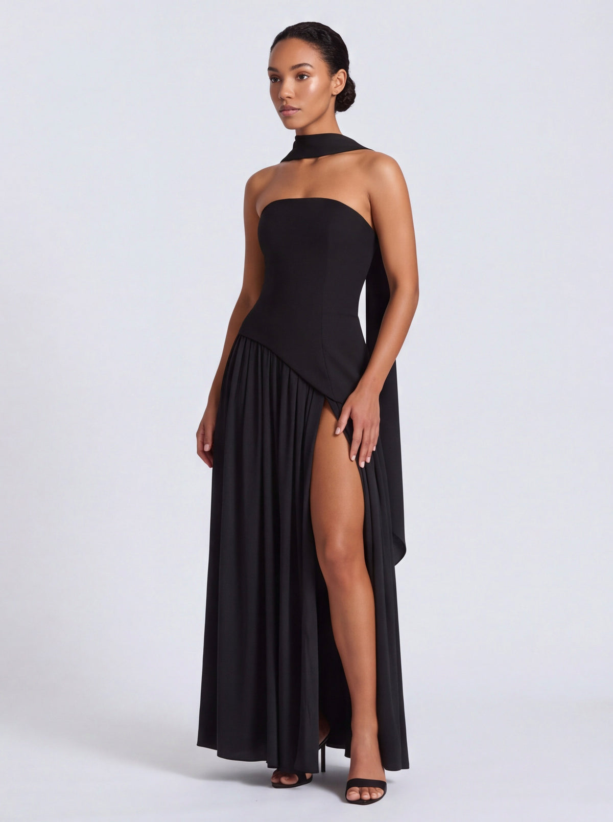 Strapless Drop Waist Pleated Maxi Dress
