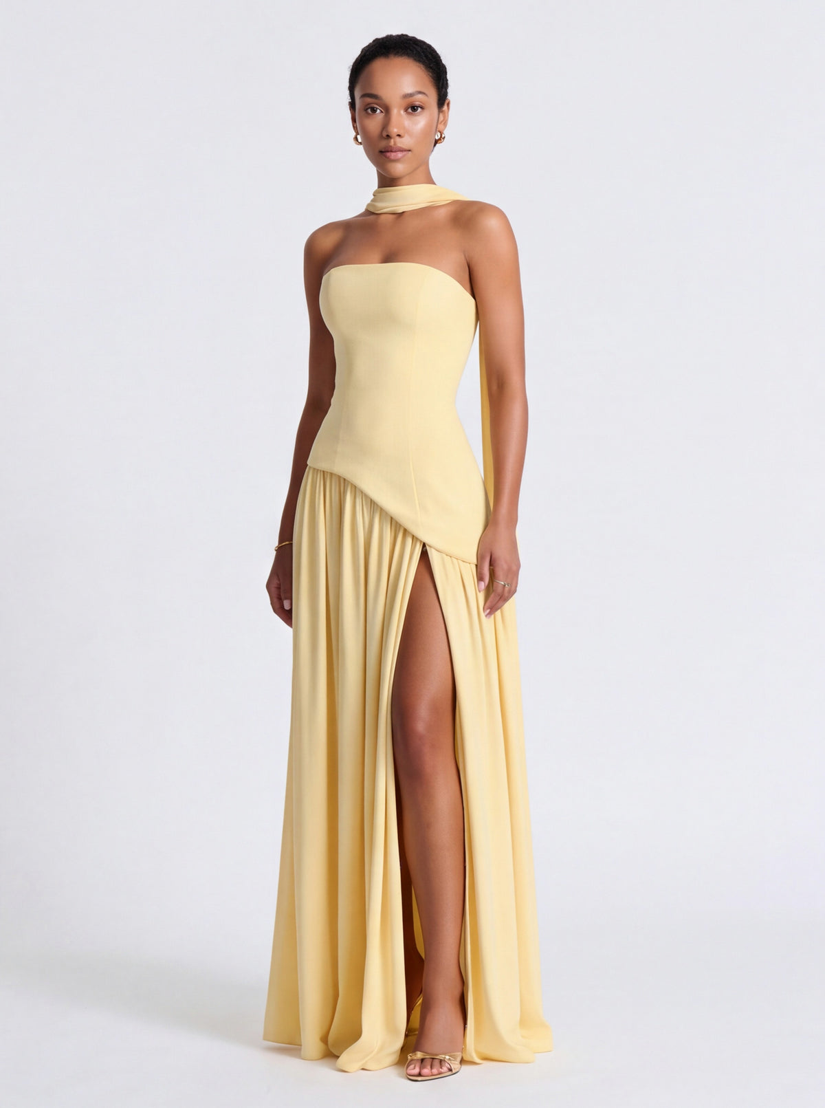 Strapless Drop Waist Pleated Maxi Dress
