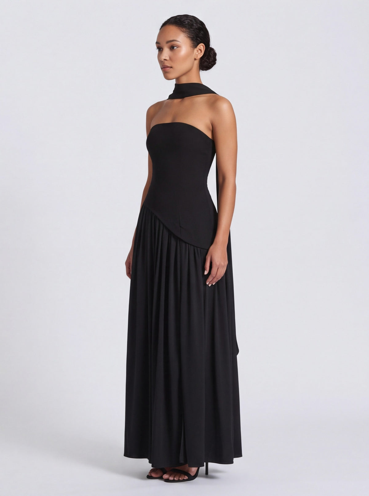 Strapless Drop Waist Pleated Maxi Dress