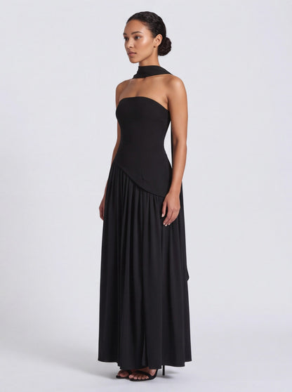 Strapless Drop Waist Pleated Maxi Dress