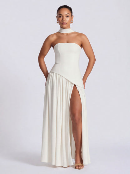 Strapless Drop Waist Pleated Maxi Dress