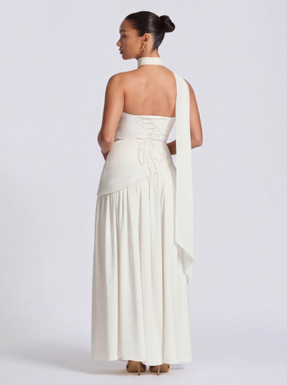 Strapless Drop Waist Pleated Maxi Dress