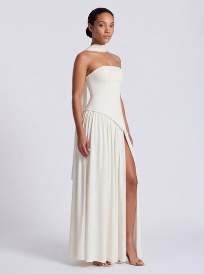 Strapless Drop Waist Pleated Maxi Dress