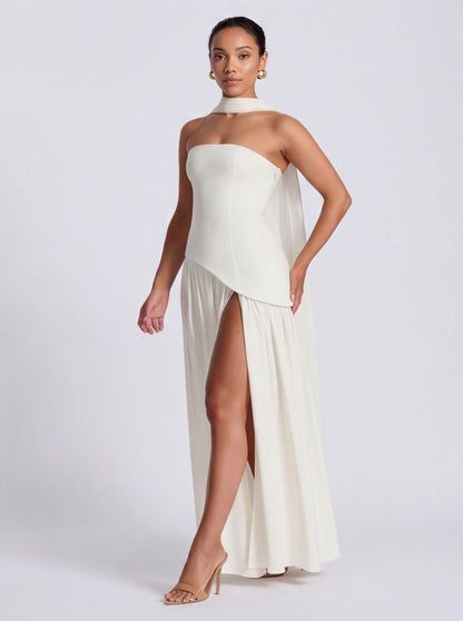 Strapless Drop Waist Pleated Maxi Dress