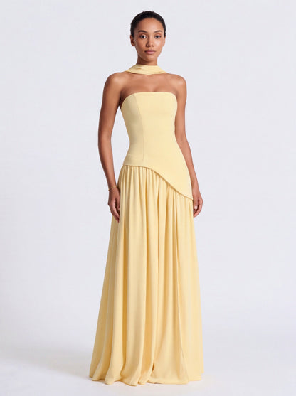 Strapless Drop Waist Pleated Maxi Dress
