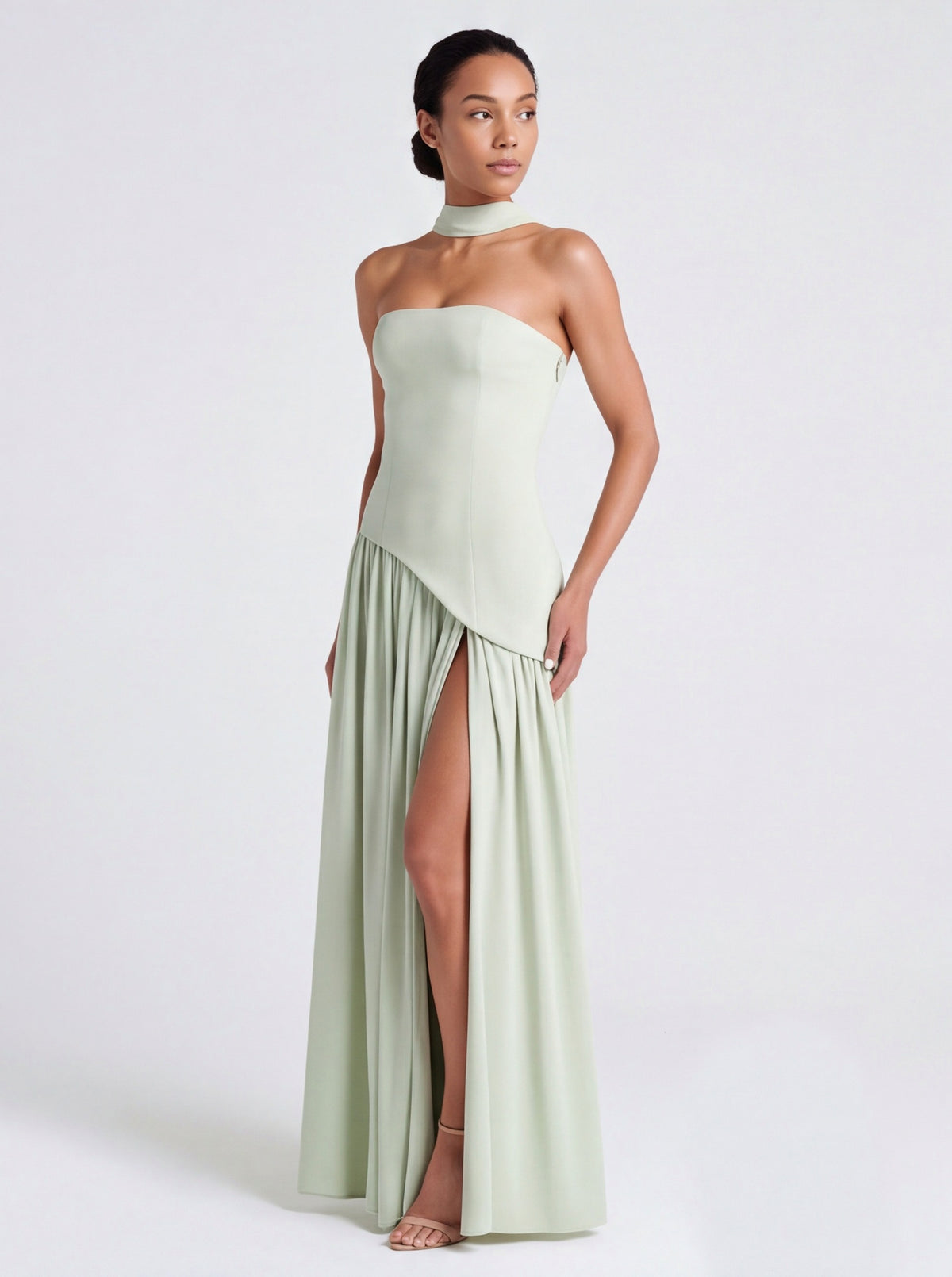 Strapless Drop Waist Pleated Maxi Dress