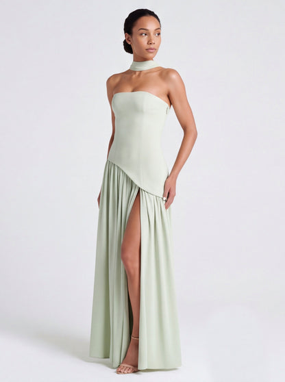 Strapless Drop Waist Pleated Maxi Dress