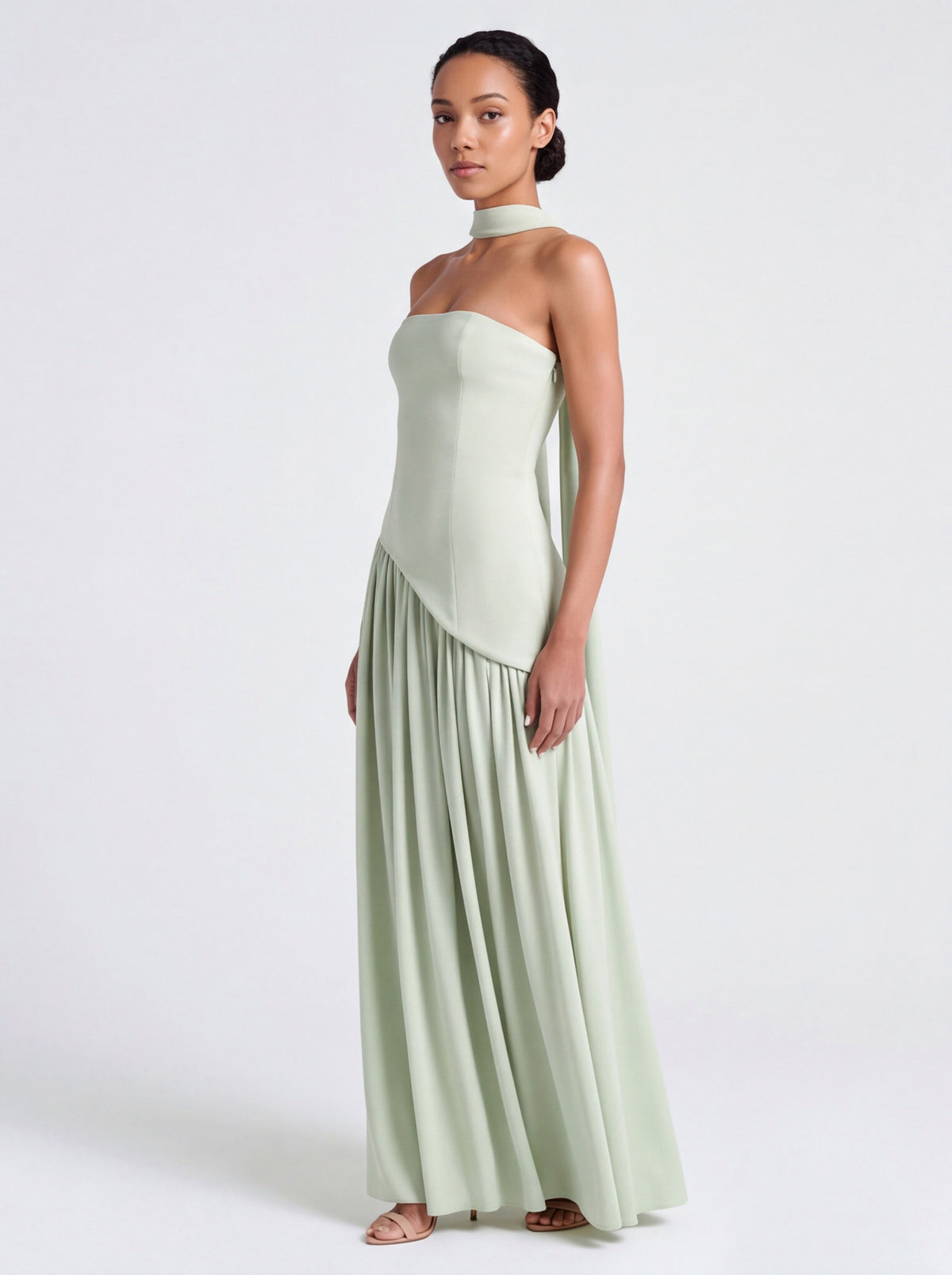 Strapless Drop Waist Pleated Maxi Dress