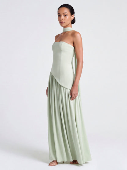 Strapless Drop Waist Pleated Maxi Dress