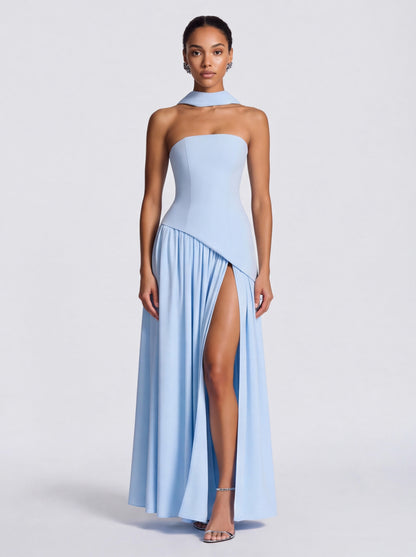 Strapless Drop Waist Pleated Maxi Dress