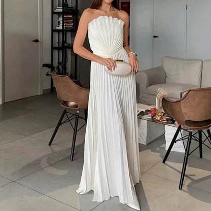 Strapless Pleated Satin Maxi Dress