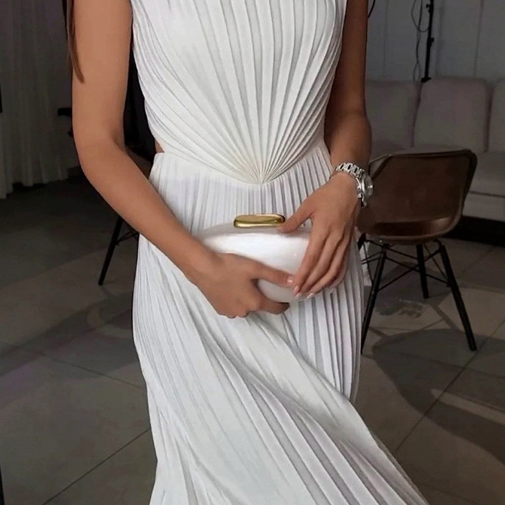 Strapless Pleated Satin Maxi Dress
