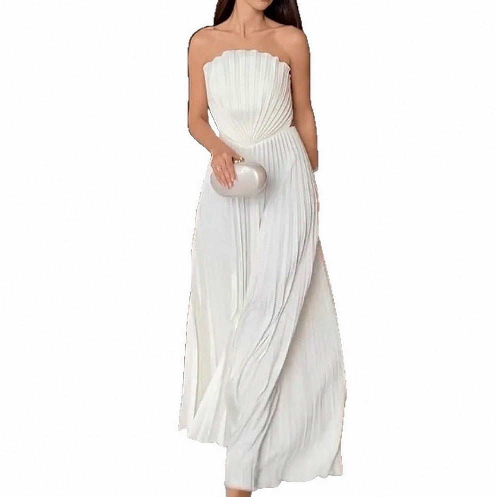 Strapless Pleated Satin Maxi Dress
