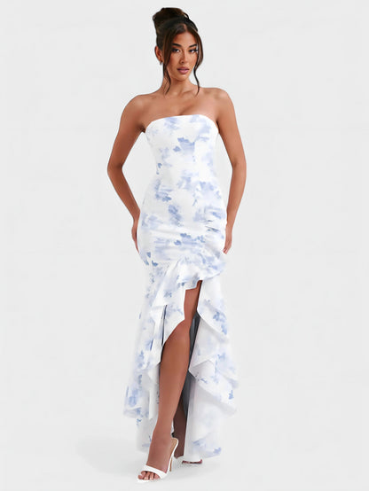 Watercolor Floral Strapless Ruffle Maxi Dress