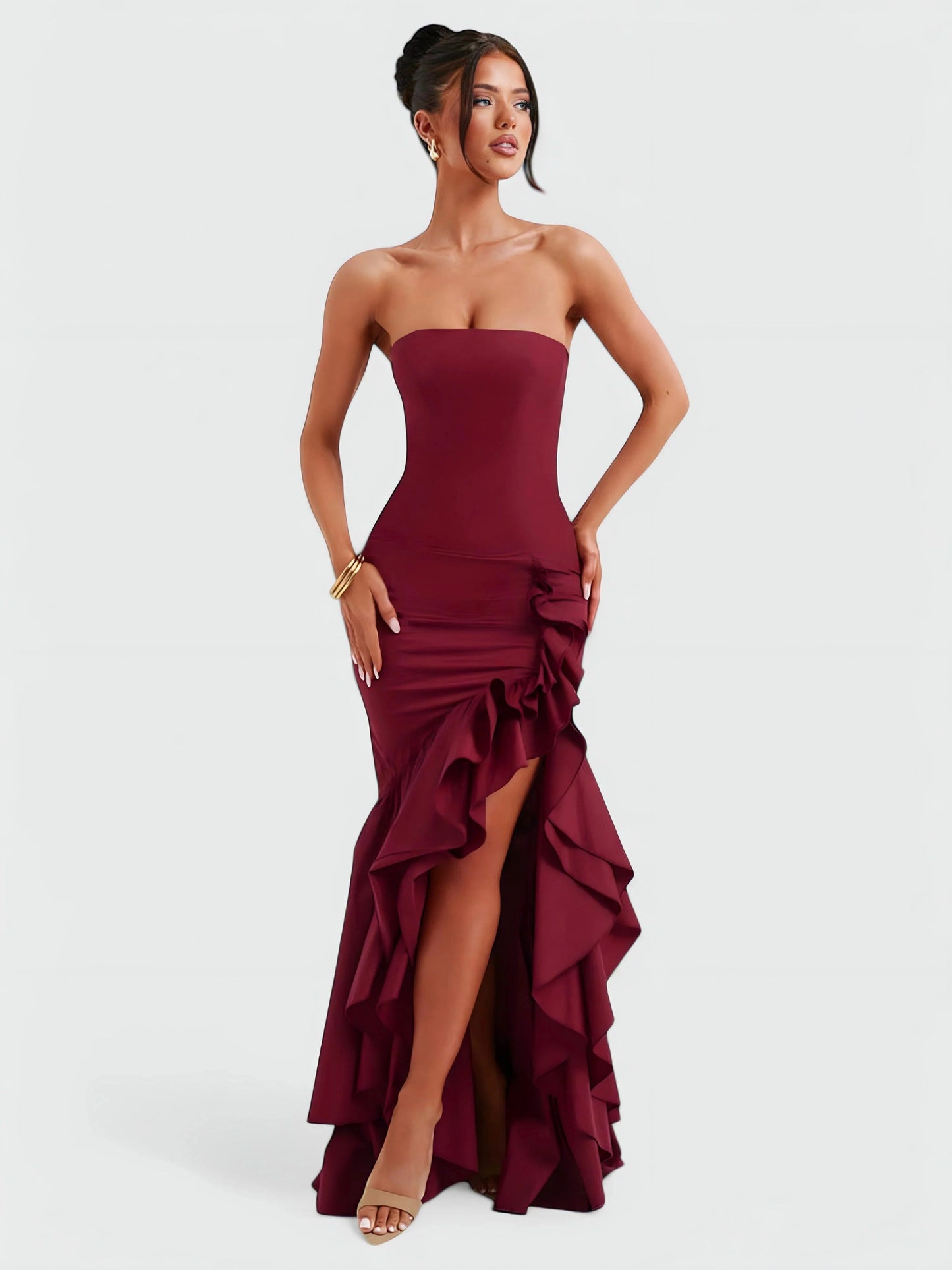 Watercolor Floral Strapless Ruffle Maxi Dress