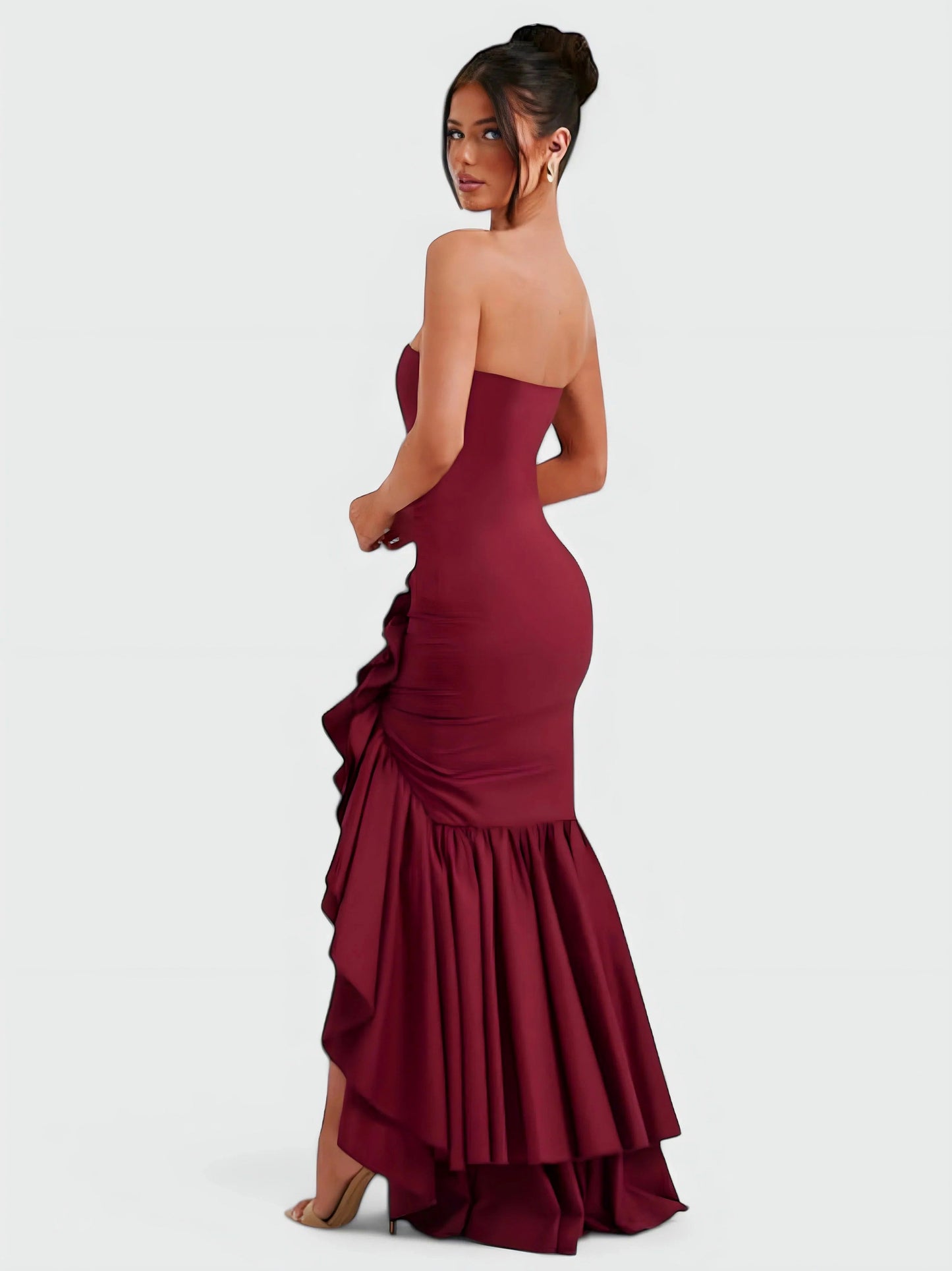 Watercolor Floral Strapless Ruffle Maxi Dress