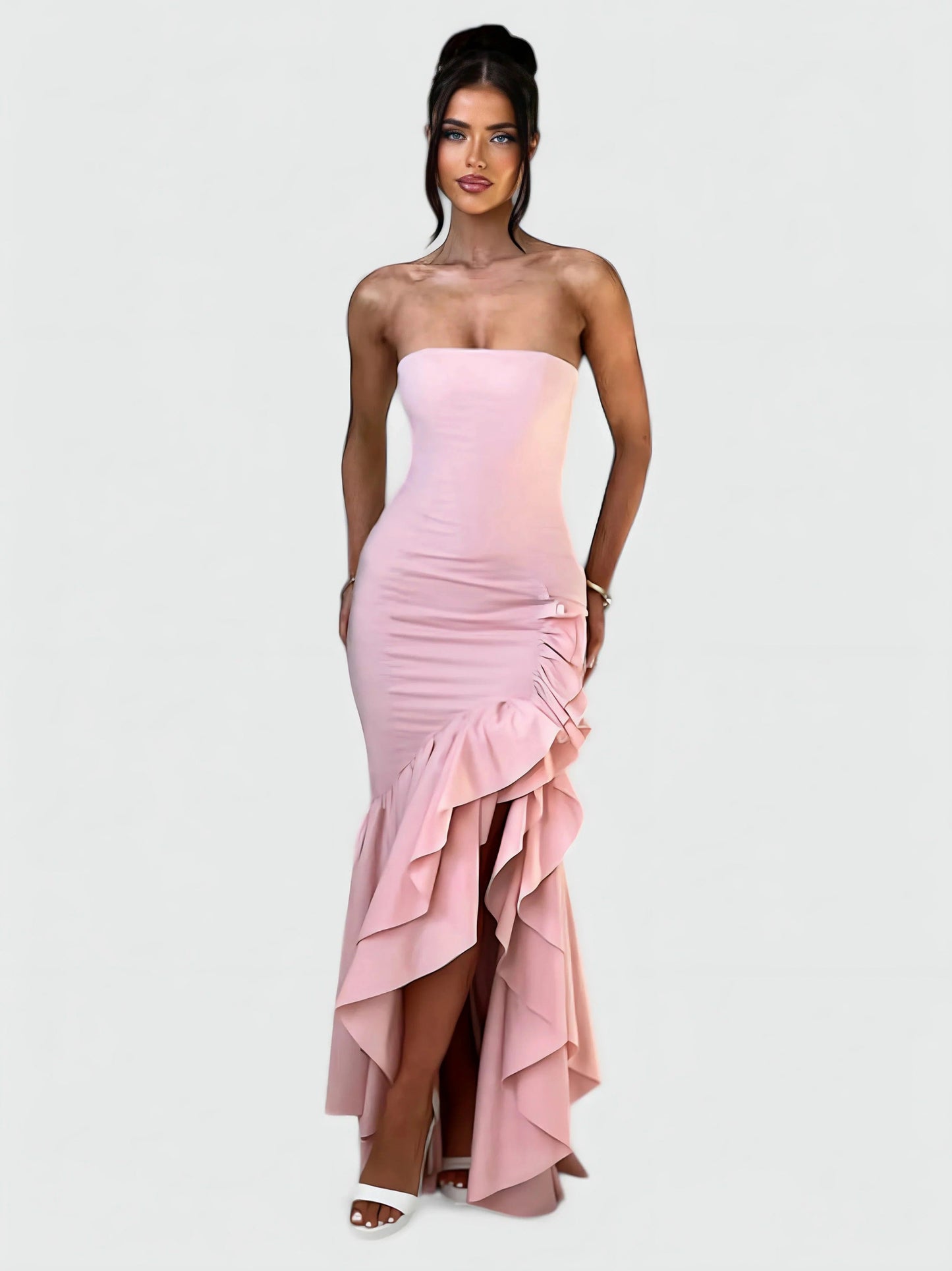 Watercolor Floral Strapless Ruffle Maxi Dress