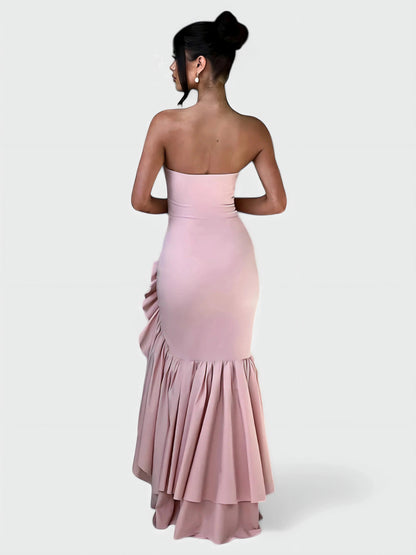 Watercolor Floral Strapless Ruffle Maxi Dress