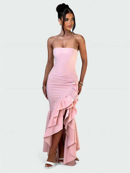 Watercolor Floral Strapless Ruffle Maxi Dress