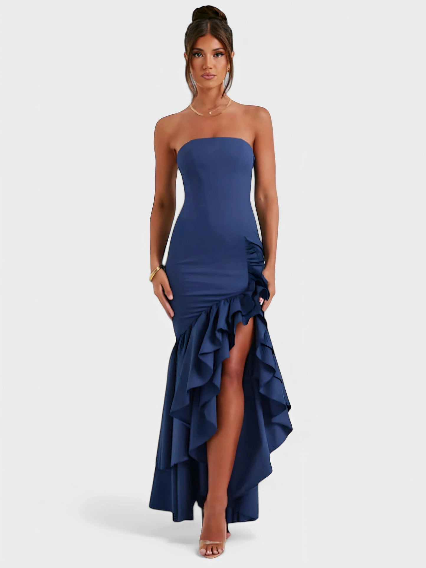 Watercolor Floral Strapless Ruffle Maxi Dress