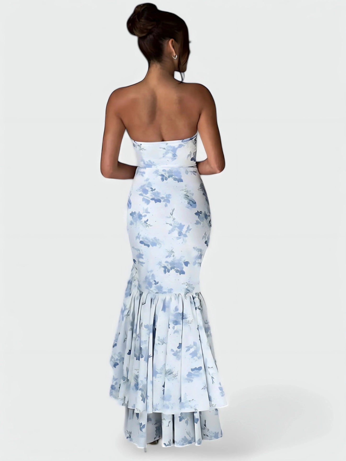 Watercolor Floral Strapless Ruffle Maxi Dress