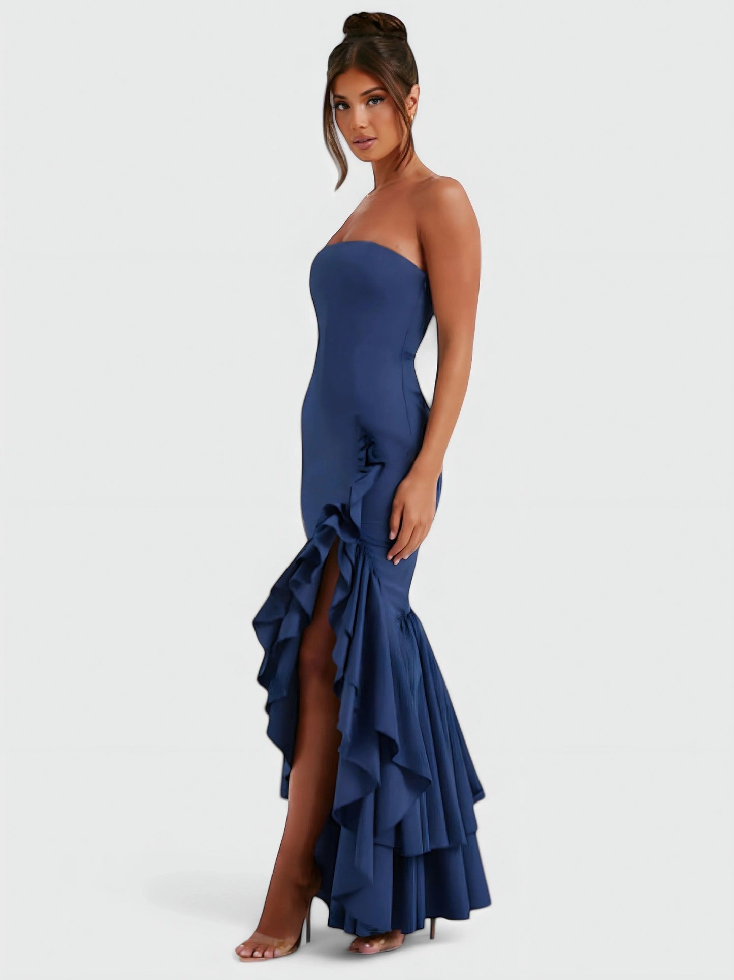 Watercolor Floral Strapless Ruffle Maxi Dress