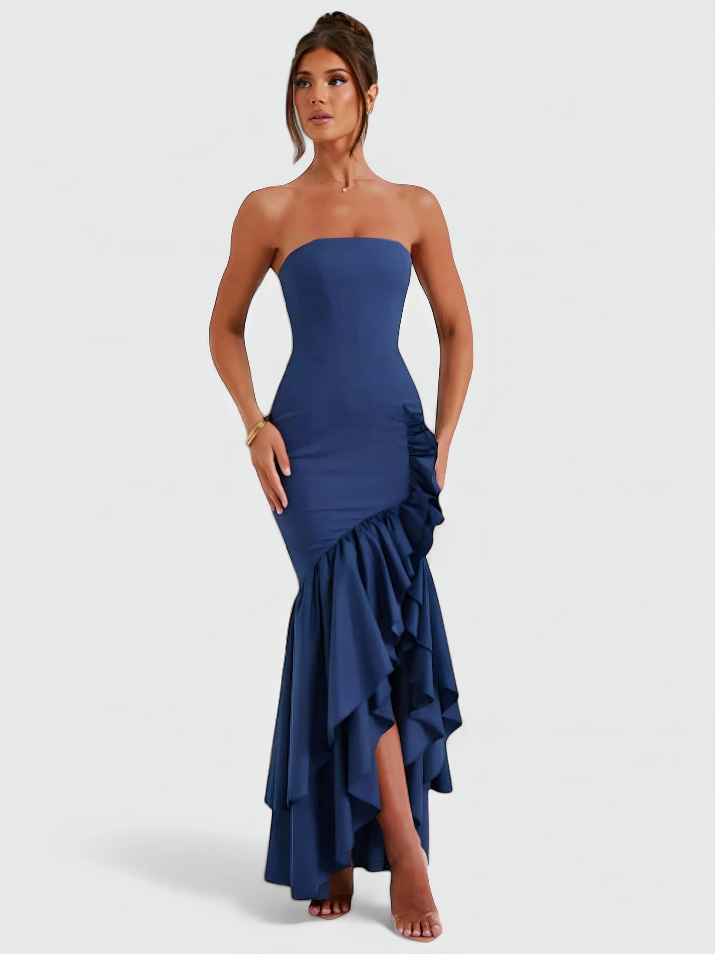 Watercolor Floral Strapless Ruffle Maxi Dress