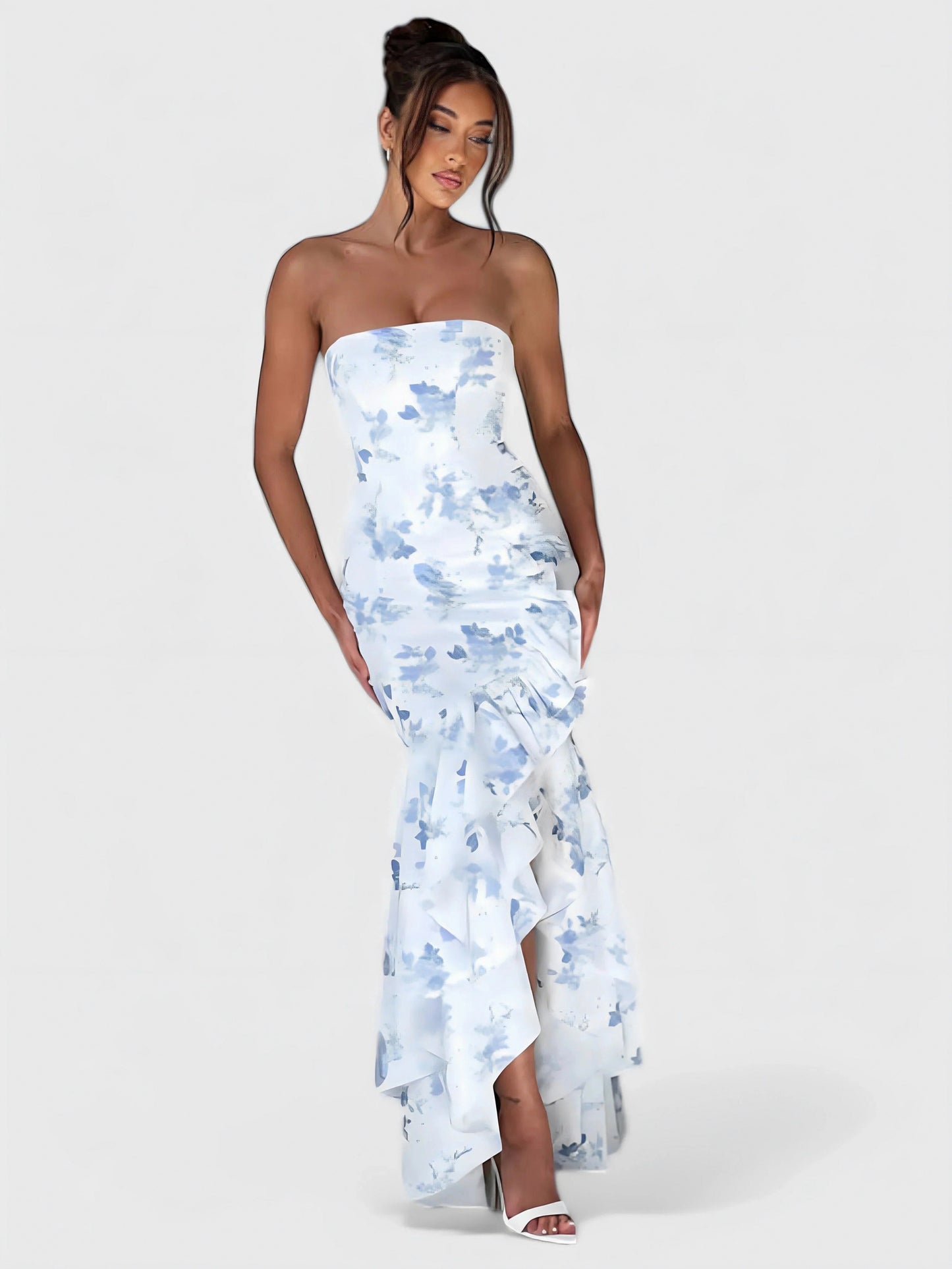 Watercolor Floral Strapless Ruffle Maxi Dress