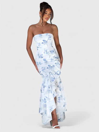 Watercolor Floral Strapless Ruffle Maxi Dress