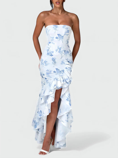 Watercolor Floral Strapless Ruffle Maxi Dress