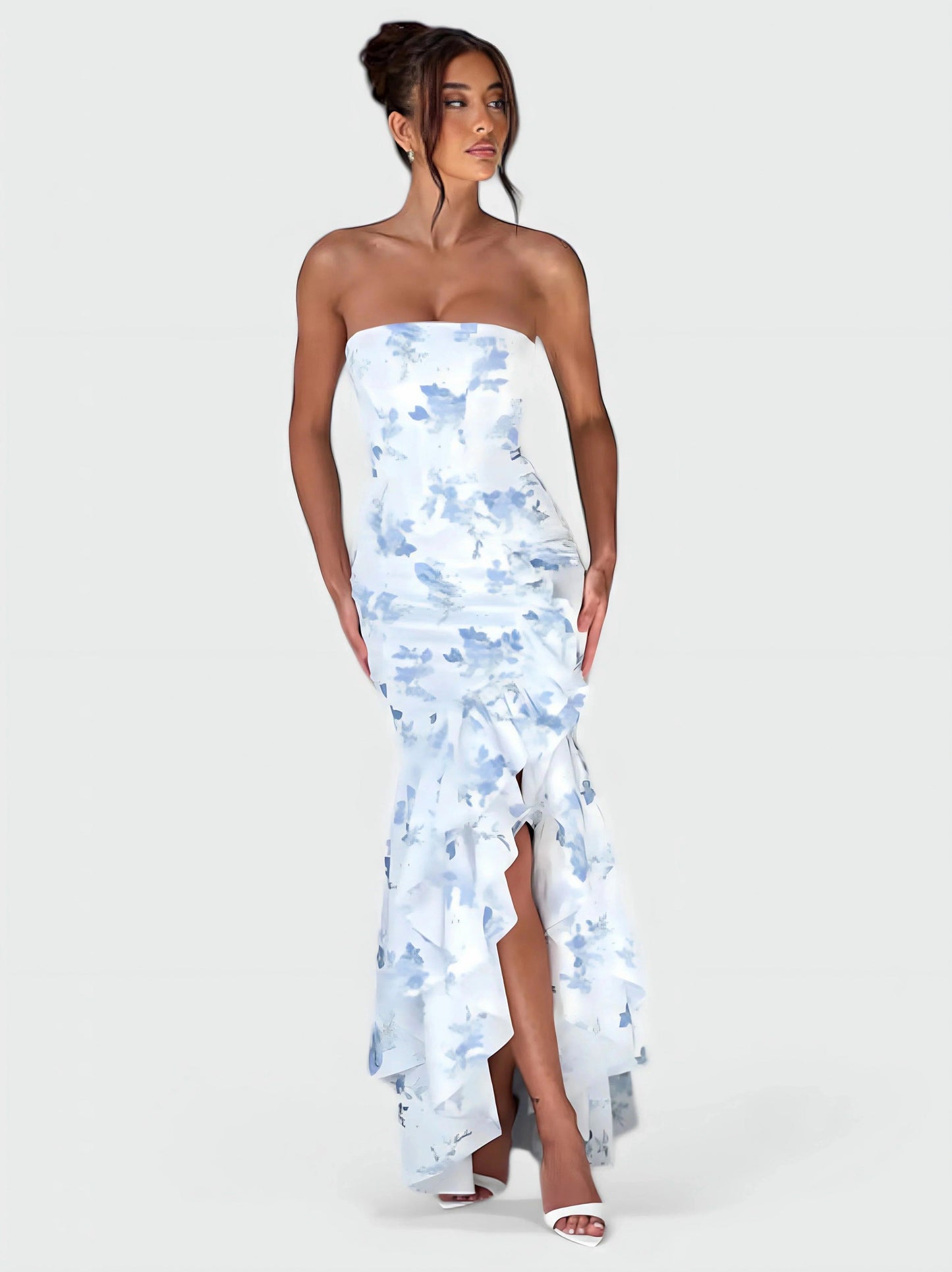 Watercolor Floral Strapless Ruffle Maxi Dress