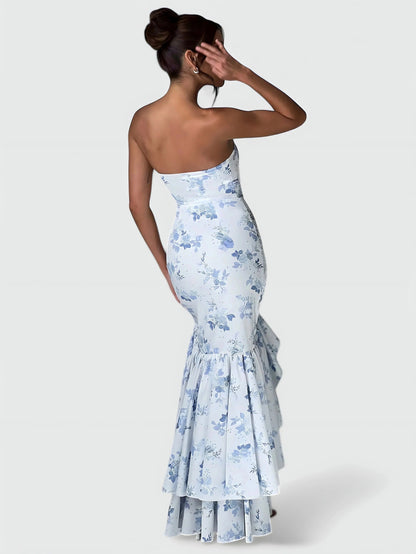 Watercolor Floral Strapless Ruffle Maxi Dress